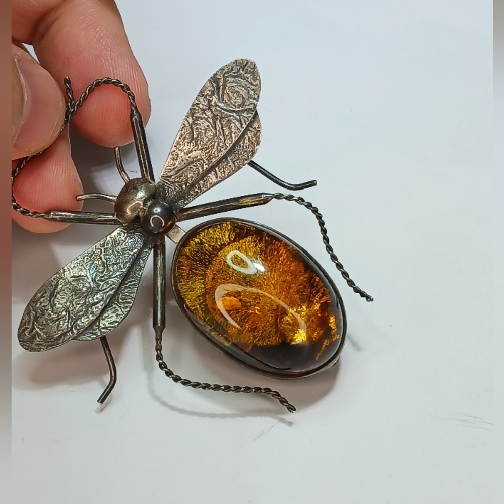 Vintage Amber Sterling Silver Bug Insect Brooch Pin - Picture 4 of 13